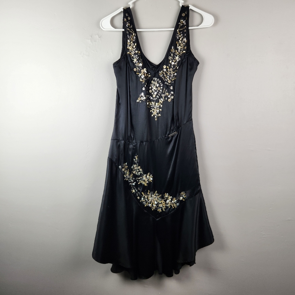90s Galliano Black Satin Metallic Embellished Dress